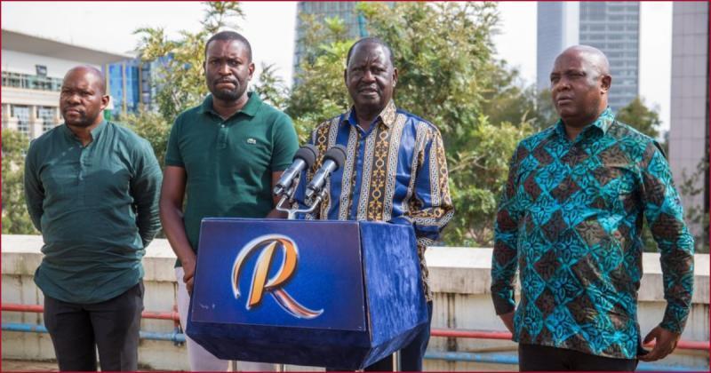 Azimio La Umoja leader Raila Odinga at a past presser flanked by other coalition leaders.